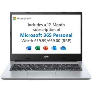 Acer Aspire 1 14" Notebook Silver / Celeron N4500 / 4GB RAM / 128GB eMMc / Win 10 S